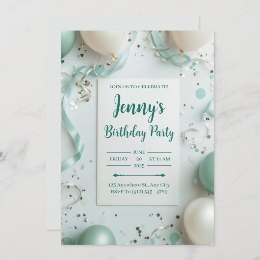 ミントエレガント&クリーム誕生日招待状 招待状 (正面/裏面)