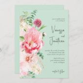 ミントエレガント&赤面ピンクフローラシック招待状 招待状 (正面/裏面)