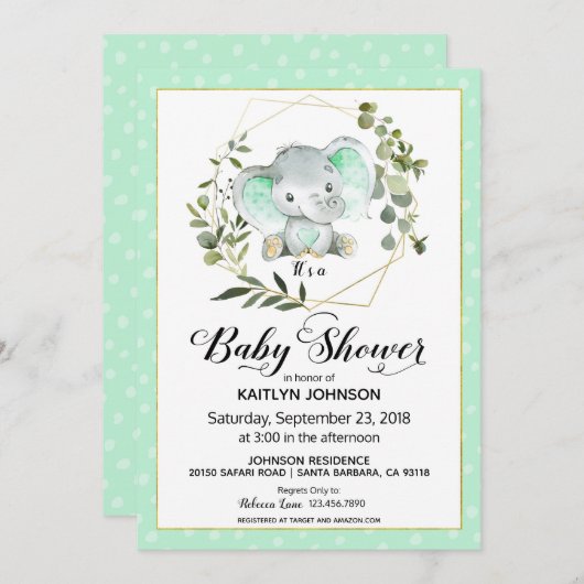 ミントエレファント·ベビモダンーシャワー 招待状 (正面/裏面)