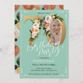 ミントカスタム金ゴールドフォトフローラボホ70誕生日 招待状 (正面/裏面)