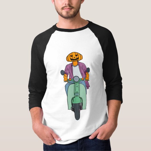 ミントカラーのスクーターに乗るパンプキンライダー Tシャツ (正面)