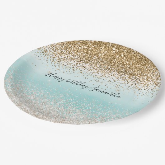 ミントガーリーウォーターカラーグラデーション金ゴールドグリジーグリッター ペーパープレート (アングル)