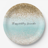 ミントガーリーウォーターカラーグラデーション金ゴールドグリジーグリッター ペーパープレート (正面)