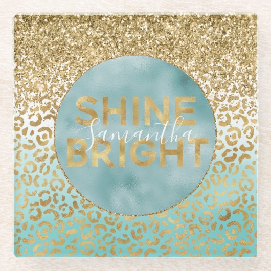 ミントガーリーウォーター色金ゴールドヒョウ印刷シャイン ガラスコースター (正面)