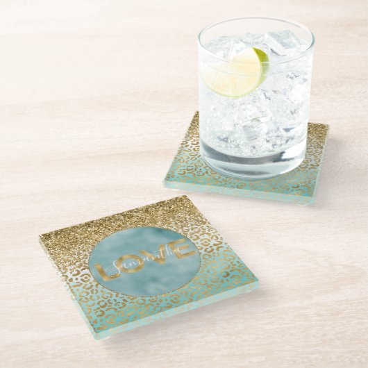 ミントガーリーウォーター色金ゴールドヒョウ印刷ラブ ガラスコースター (アングル)