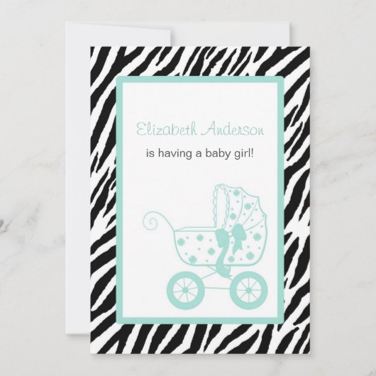 ミントガーリーゼブラヴィンテージベビーキャリッジベビーシャワー 招待状 (正面)