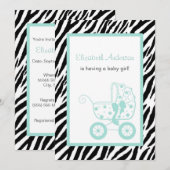 ミントガーリーゼブラヴィンテージベビーキャリッジベビーシャワー 招待状 (正面/裏面)