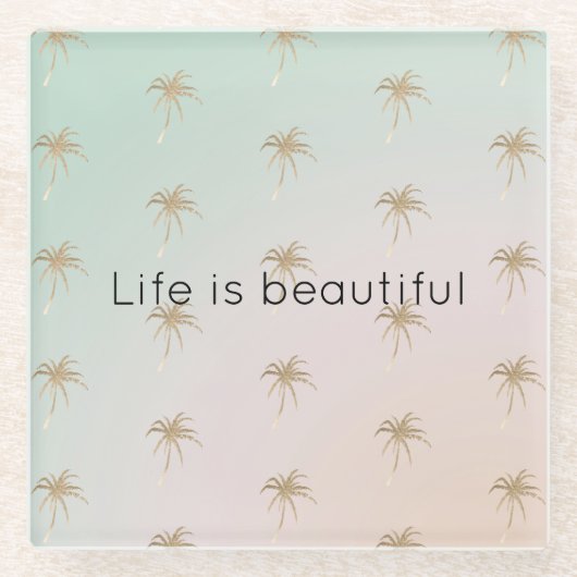 ミントクリームグラデーショントロピカルパーム金ゴールド ガラスコースター (正面)