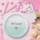 ミントグラデーション金ゴールドグリッターパーソナライズされたハート ペーパープレート (パーティー)