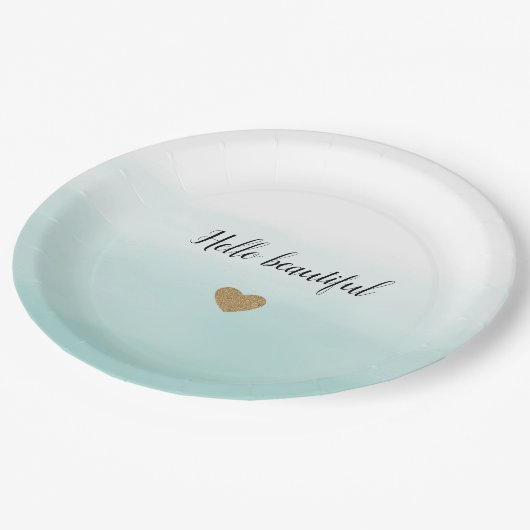 ミントグラデーション金ゴールドグリッターパーソナライズされたハート ペーパープレート (アングル)