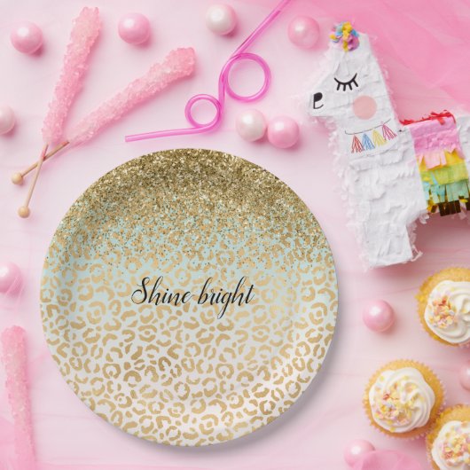 ミントグラデーション金ゴールドグリッターヒョウ印刷 ペーパープレート (パーティー)