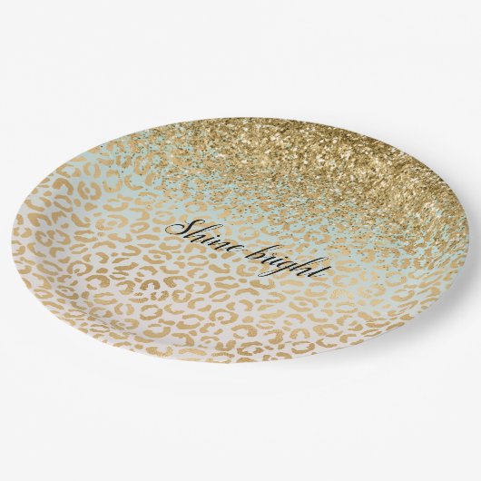 ミントグラデーション金ゴールドグリッターヒョウ印刷 ペーパープレート (アングル)