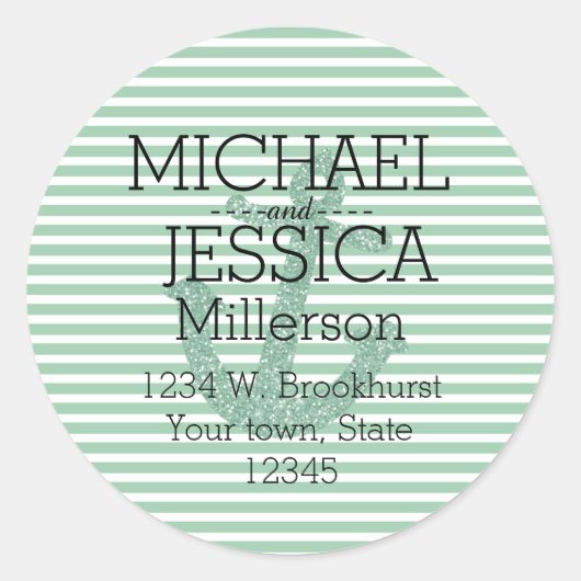 ミントグリッターいかりストライプのアドレパーソナライズされたス ラウンドシール (正面)