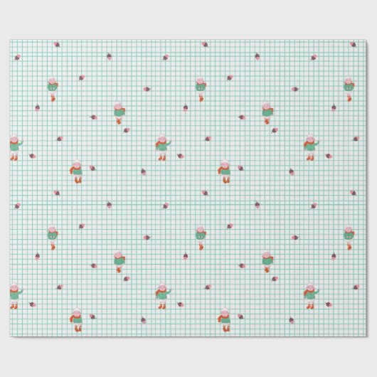 ミントグリッドに描かれたかわいい冬の羊ともみじの実 - クリスマス ラッピングペーパー (フラット)