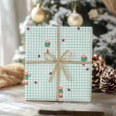 ミントグリッドに描かれたかわいい冬の羊ともみじの実 - クリスマス ラッピングペーパー
