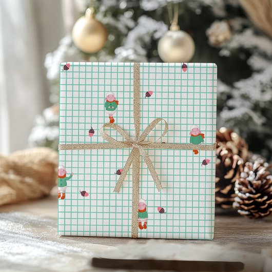 ミントグリッドに描かれたかわいい冬の羊ともみじの実 - クリスマス ラッピングペーパー