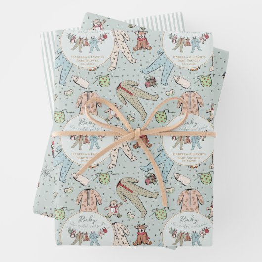 ミントグリーベビーその冷たい外の冬のベビーシャワー ラッピングペーパーシート (インサイチュ)