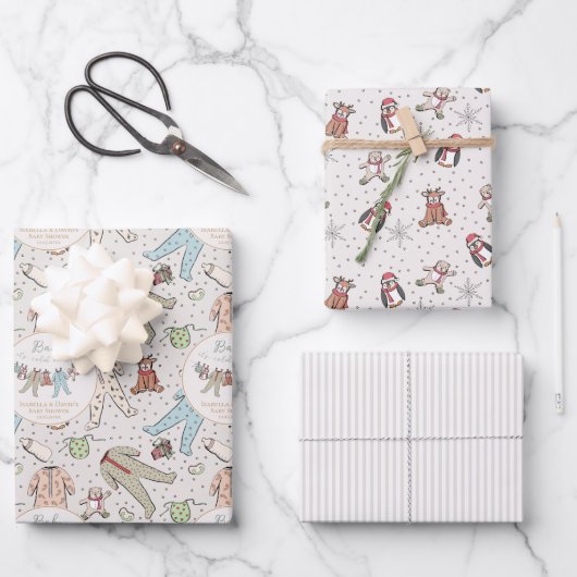 ミントグリーベビーその冷たい外の冬のベビーシャワー ラッピングペーパーシート (正面)