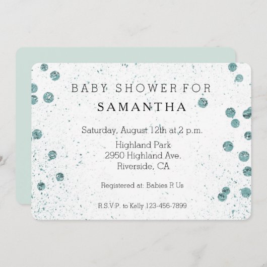 ミントグリーンきらびやかな紙吹雪赤ちゃんシャワー 招待状 (正面/裏面)
