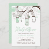 ミントグリーンつるのメイソンジャースフローラ赤ちゃんシャワー 招待状 (正面/裏面)