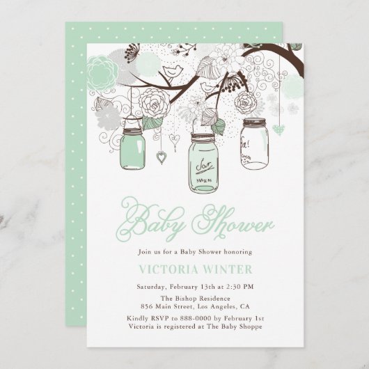 ミントグリーンつるのメイソンジャースフローラ赤ちゃんシャワー 招待状 (正面/裏面)