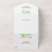 ミントグリーンとアイボリー金ゴールドフローラ結婚ブーケ オールインワン招待状 (外側)