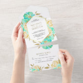 ミントグリーンとアイボリー金ゴールドフローラ結婚ブーケ オールインワン招待状 (貼ってはがせる)