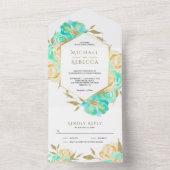 ミントグリーンとアイボリー金ゴールドフローラ結婚ブーケ オールインワン招待状 (内側)