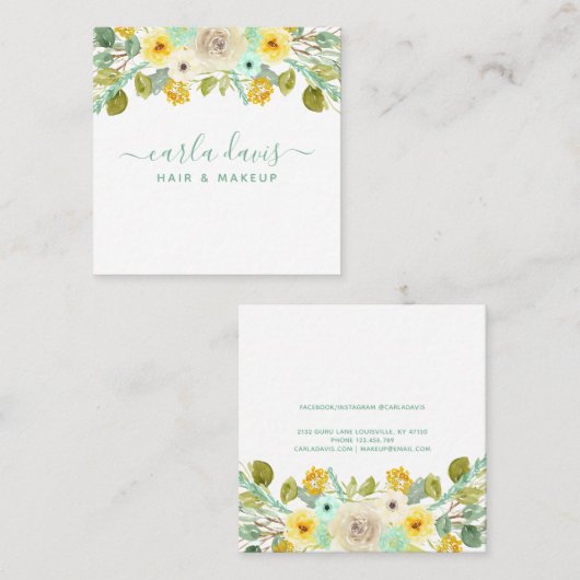 ミントグリーンとイエローのフローラエレガントメイクアップアーティスト スクエア名刺 (正面/裏面)
