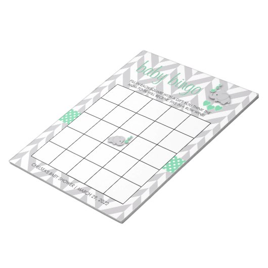 ミントグリーンとグレーエレファントベビーシャワービンゴ ノートパッド (アングル)
