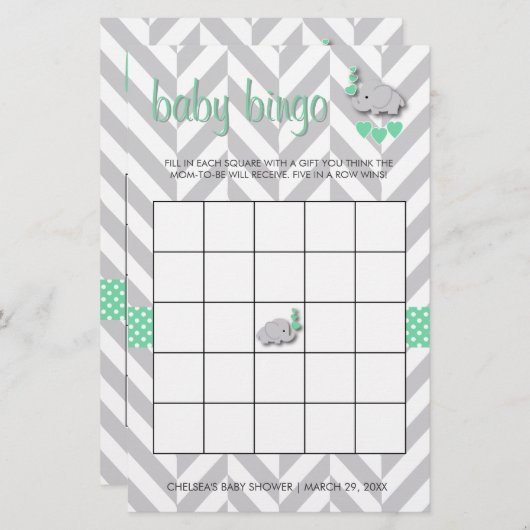 ミントグリーンとグレーエレファントベビーシャワービンゴ 便箋 (正面/裏面)