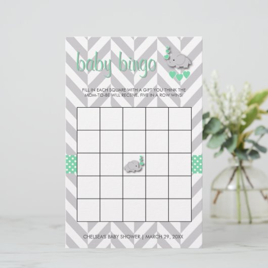 ミントグリーンとグレーエレファントベビーシャワービンゴ 便箋