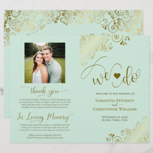 ミントグリーンとゴールドのDIY折りたたみ式結婚式プログラム