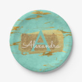 ミントグリーンとゴールドフォイル大理石エレガント誕生日 ペーパープレート (正面)