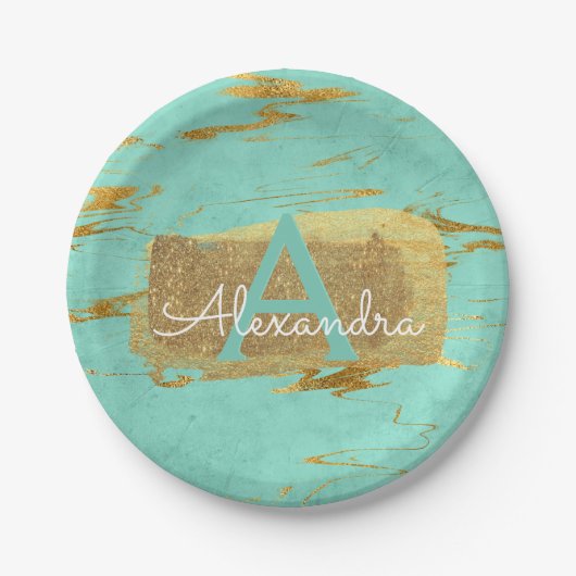 ミントグリーンとゴールドフォイル大理石エレガント誕生日 ペーパープレート (正面)