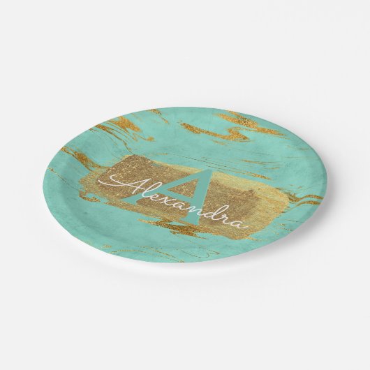 ミントグリーンとゴールドフォイル大理石エレガント誕生日 ペーパープレート (アングル)