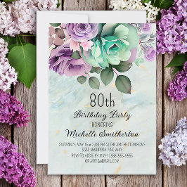 ミントグリーンとパープルの花と蝶のデザインの80歳の誕生日 招待状