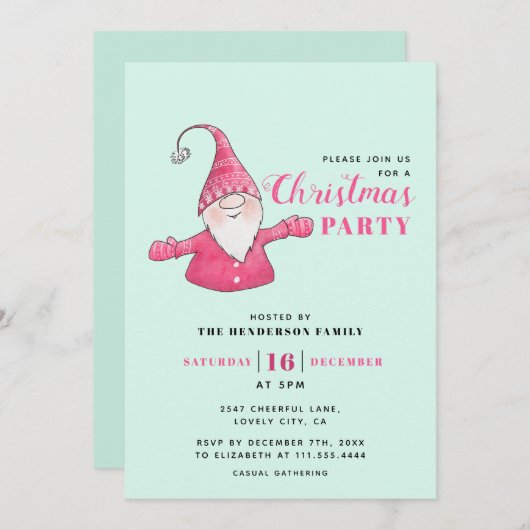 ミントグリーンとピンクかわいい格言クリスマス 招待状 (正面/裏面)