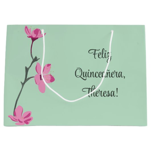 ミントグリーンとピンクさくらんぼパーソナライズされた ラージペーパーバッグ (正面)