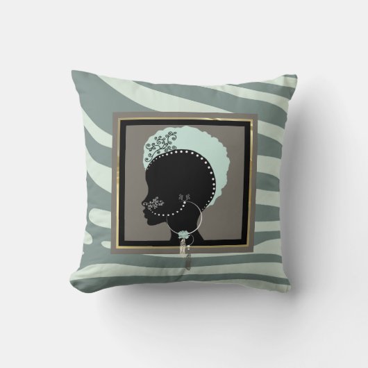 ミントグリーンとブラックのゼブラ柄 クッション (正面)