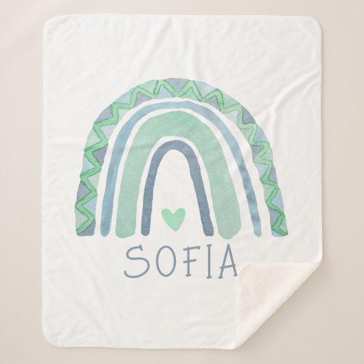 ミントグリーンとブルートーンボーホレインボー シェルパブランケット (正面)