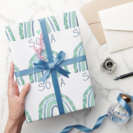 ミントグリーンとブルートーンボーホレインボー ラッピングペーパー