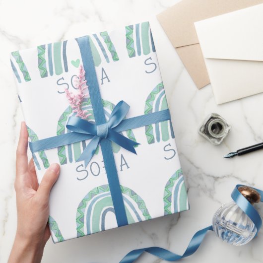 ミントグリーンとブルートーンボーホレインボー ラッピングペーパー (ギフト)