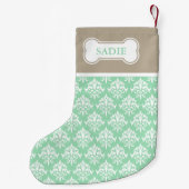 ミントグリーンとベージュのダマスクと骨&ペットの名前 スモールクリスマスストッキング (裏面)