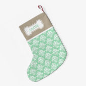 ミントグリーンとベージュのダマスクと骨&ペットの名前 スモールクリスマスストッキング (裏面 (吊り時))