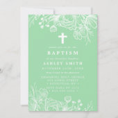 ミントグリーンとホワイトの花モチーフの洗礼式招待状 招待状 (正面)