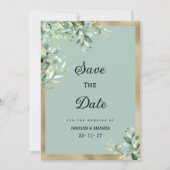 ミントグリーンとユーカリの葉のRusticゴールドのSave The Date 招待状 (正面)