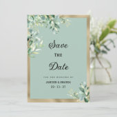 ミントグリーンとユーカリの葉のRusticゴールドのSave The Date 招待状 (スタンド正面)