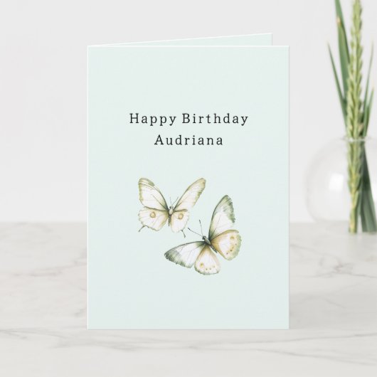 ミントグリーンと白い蝶の誕生日 カード (正面)