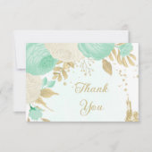 ミントグリーンと白の花のゴールドフラワーの結婚式 サンキューカード (正面)
